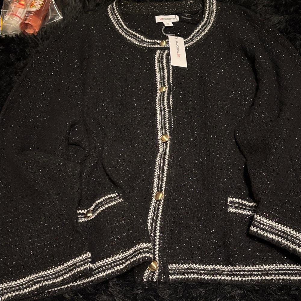 Liz Claiborne Black Cardigan with White Accents
